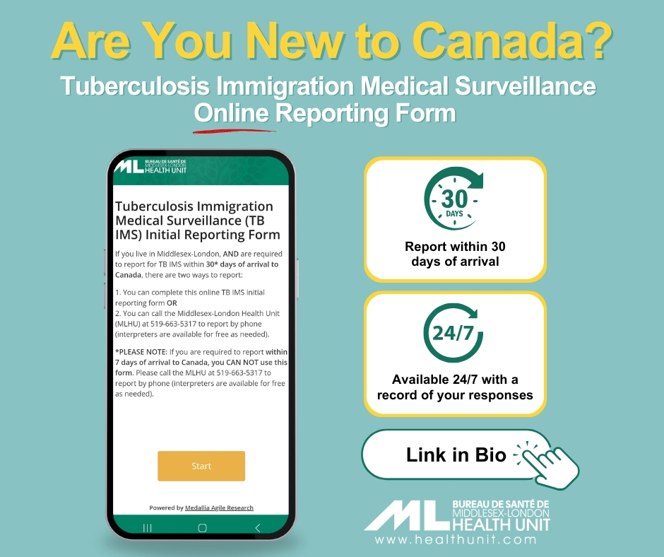 𝝖𝗿𝗲 𝘆𝝾𝘂 𝗻𝗲𝘄 𝘁𝝾 𝗖𝗮𝗻𝗮𝗱𝗮?  
 
#MLHU has a new online 𝗧𝘂𝗯𝗲𝗿𝗰𝘂𝗹𝝾𝘀𝗶𝘀 𝝞𝗺𝗺𝗶𝗴𝗿𝗮𝘁𝗶𝝾𝗻 𝗠𝗲𝗱𝗶𝗰𝗮𝗹 𝗦𝘂𝗿𝘃𝗲𝗶𝗹𝗹𝗮𝗻𝗰𝗲 (𝗧𝗕 𝝞𝗠𝗦) 𝗥𝗲𝗽𝝾𝗿𝘁𝗶𝗻𝗴 𝗙𝝾𝗿𝗺 for individuals who need to report for 𝗧𝗕 𝝞𝗠𝗦  within 30 days of arrival in