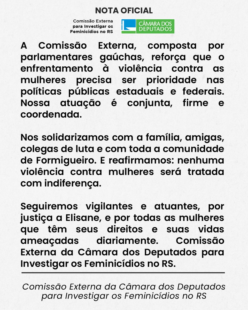 Nota oficial da Comissão Externa para Investigar os Feminicídios no RS sobre o assassinato brutal da vereadora Elisiane Rodrigues (PT).

Manifestamos nossa revolta e indignação diante deste crime bárbaro, ocorrido na cidade de Formigueiro (RS), e exigimos uma investigação séria e