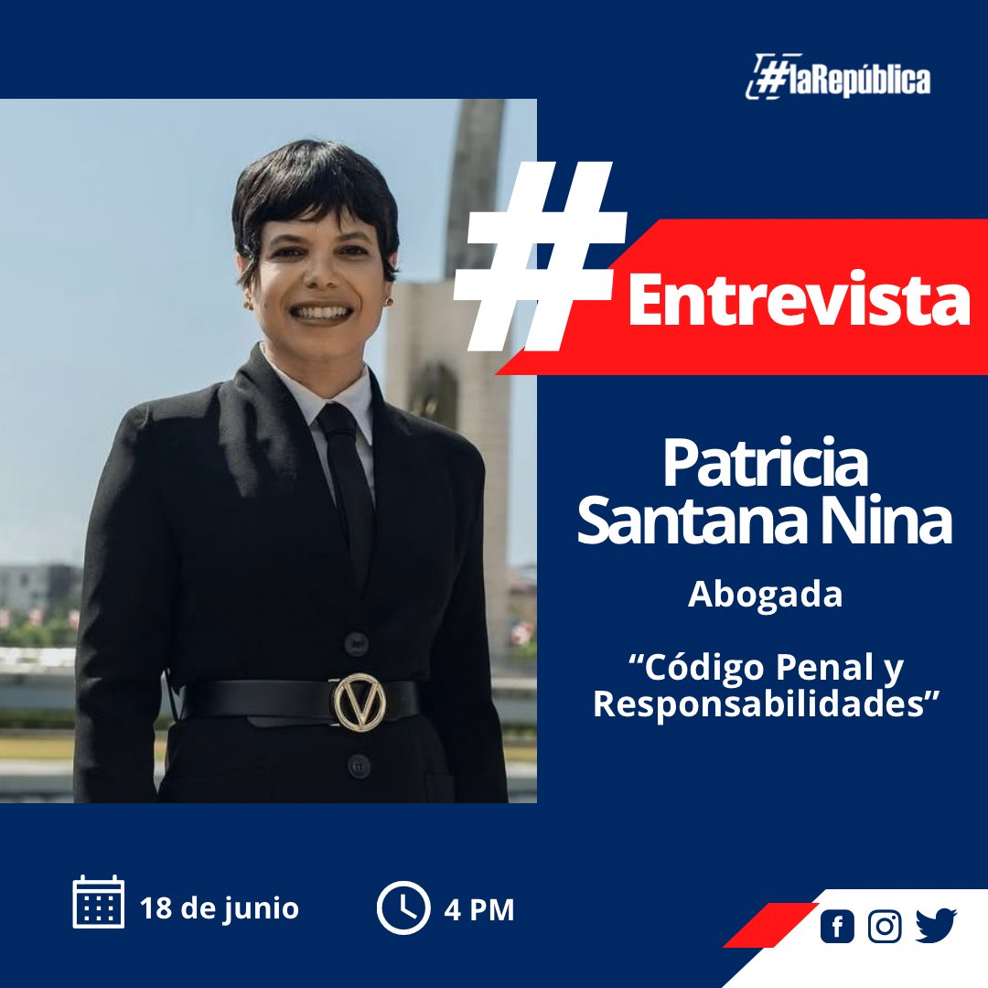 La República Radio (@larepradio) on Twitter photo HOY en #LaRepúblicaRadio hablamos del #CódigoPenal y las responsabilidades del Estado, iglesias y ayuntamientos, con la abogada Patricia Santana Nina.
Sintoniza a partir de las 4pm por La Nota 95.7fm 📻🎙️
<a href="/BaezDerik/">Derik Báez Torres</a> <a href="/RDelgadilllo/">Ramieri Delgadillo Santana | Periodista</a> HOY en #LaRepúblicaRadio hablamos del #CódigoPenal y las responsabilidades del Estado, iglesias y ayuntamientos, con la abogada Patricia Santana Nina.
Sintoniza a partir de las 4pm por La Nota 95.7fm 📻🎙️
<a href="/BaezDerik/">Derik Báez Torres</a> <a href="/RDelgadilllo/">Ramieri Delgadillo Santana | Periodista</a>