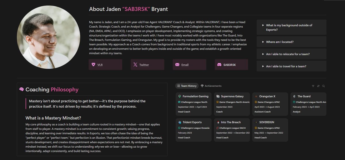 LFT as a Head Coach/Assistant Coach/Analyst

Extremely passionate and ready to prove myself for any opportunity at any level. If there are any organizations interested in player scouting, I would love to discuss.

DMs Open and my portfolio is linked below
sab3r5k.notion.site/esports-resume