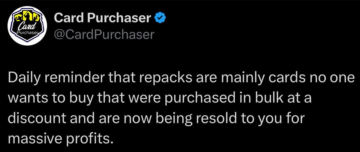 mikemaher_cards's tweet image. This is a tweet from @CardPurchaser, an account with over 100,000 followers, spreading lazy misinformation and surface-level generalizations about repacks.

People in the hobby see tweets like this and take them as fact… meanwhile, he’s making bold claims about a part of the…