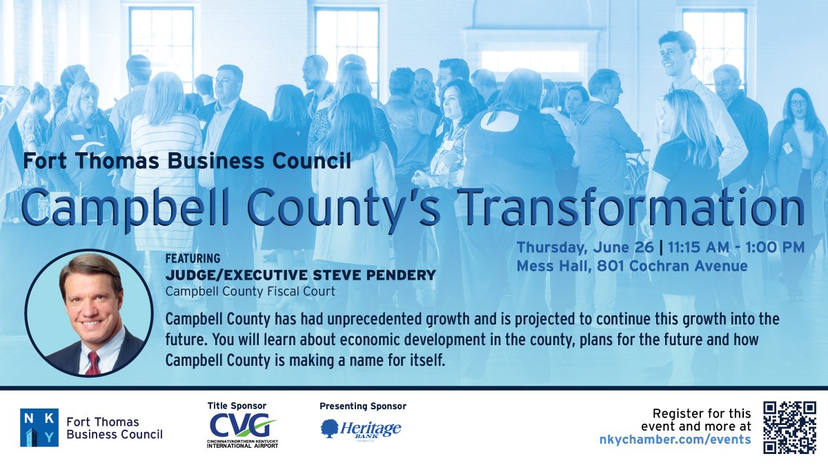 Campbell County has had unprecedented growth and is projected to continue this growth into the future. Join the Fort Thomas Business Council for an update on Campbell County's Transformation  on Thursday, June 26. 

Register at bit.ly/4mUTitV.