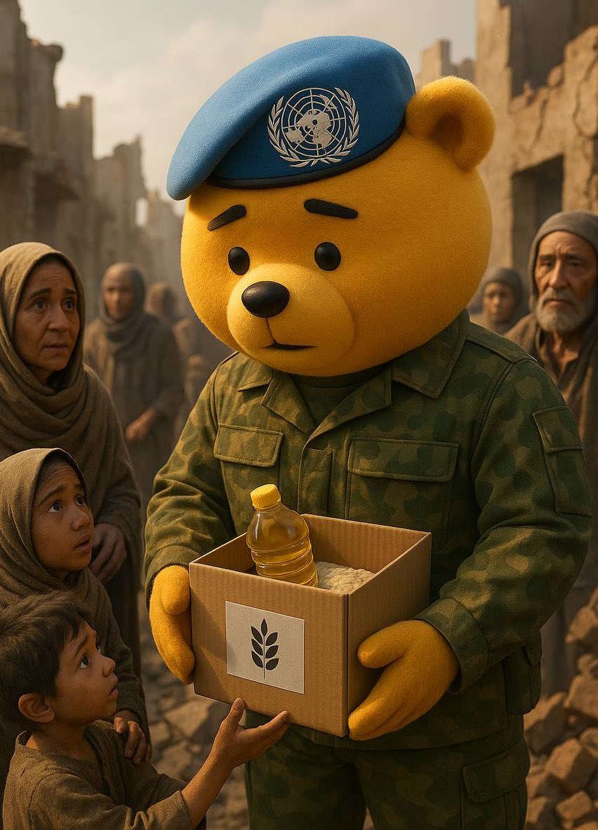 #PeaceBear carries no guns, only cooking oil and rice.  
It strikes at hearts not with bullets, but with kindness. 
#StopTheWar #BNBchain