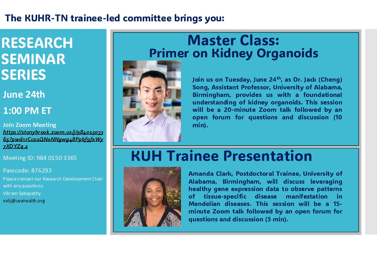Join the KUHR-TN Trainee Steering Committee for the Research Seminar Series on Tuesday, June 24th, from 1-2pm EST (12-1pm CST)! Dr. Jack (Cheng) Song and Amanda Clark will speak, with Q&amp;A sessions following. Further information can be found on the flyer. We hope to see you there!