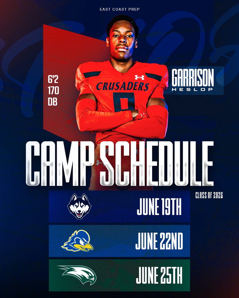 Garrison “Gmoney🎰” Heslop (@gheslop_5) on Twitter photo My camp schedule for the rest of June:
June 19th - <a href="/UConnFootball/">UConn Football</a>
June 22nd - <a href="/Delaware_FB/">Delaware Football</a>
June 25th - <a href="/Wagner_Football/">Wagner College Football</a>
<a href="/Abaskerville_7/">Coach Baskerville</a> My camp schedule for the rest of June:
June 19th - <a href="/UConnFootball/">UConn Football</a>
June 22nd - <a href="/Delaware_FB/">Delaware Football</a>
June 25th - <a href="/Wagner_Football/">Wagner College Football</a>
<a href="/Abaskerville_7/">Coach Baskerville</a>