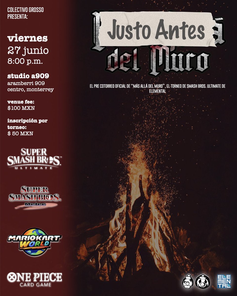 JUSTO ANTES DEL MURO 🍻💵🎮
 El pre oficial de "Más Allá del Muro" by <a href="/elemental_mty/">Elemental</a> 

👊 Mucha reta
🪙 Mucha money match
🏆 Torneos
🔊 Música en vivo

📅 Viernes, 27 de Junio
⌚️ 8:00 p.m.
📍 Studio A909
📋 start.gg/justo-antes-de…