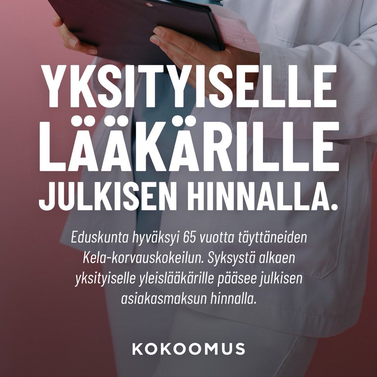 Vapaus valita! Päivän hyvä päätös eduskunnassa oli hyväksyä yli 65-vuotiaiden Kela-korvauskokeilu: jatkossa 65v täyttäneet pääsevät yksityiselle yleislääkärille julkisen hinnalla. Kokeilulla helpotetaan hoitoon pääsyä ja lisätään ihmisten valinnan mahdollisuuksia sote-palveluissa