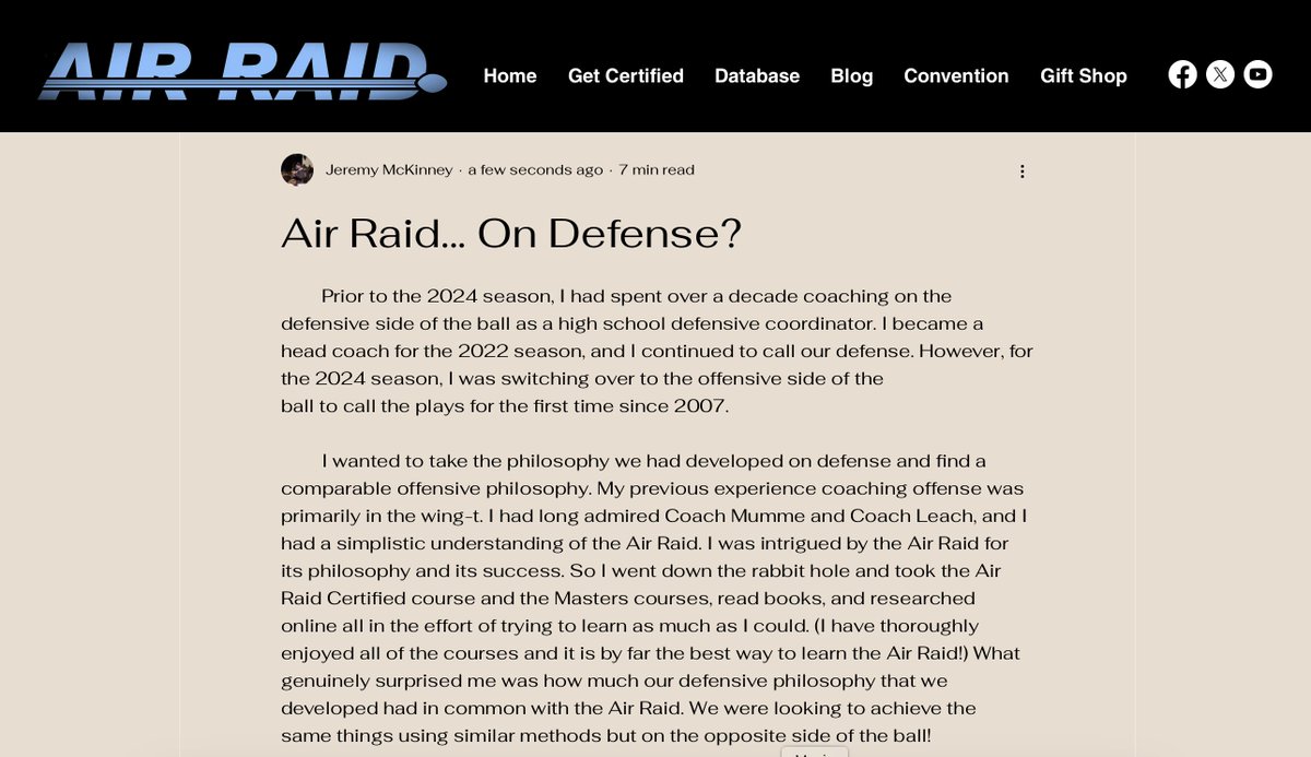 Hal Mumme (@halmumme) on Twitter photo Congrats to <a href="/Coach_McKinney0/">Jeremy McKinney</a> on earning his community writer badge and publishing his article to the "Air Raid Blog" <a href="/AirRaidCert/">Air Raid Certification π΄ββ οΈ</a>
"Air Raid... On Defense?" By: Jeremy McKinney
Available to Read Now π
airraidcertified.com/post/air-raid-β¦ Congrats to <a href="/Coach_McKinney0/">Jeremy McKinney</a> on earning his community writer badge and publishing his article to the "Air Raid Blog" <a href="/AirRaidCert/">Air Raid Certification π΄ββ οΈ</a>
"Air Raid... On Defense?" By: Jeremy McKinney
Available to Read Now π
airraidcertified.com/post/air-raid-β¦