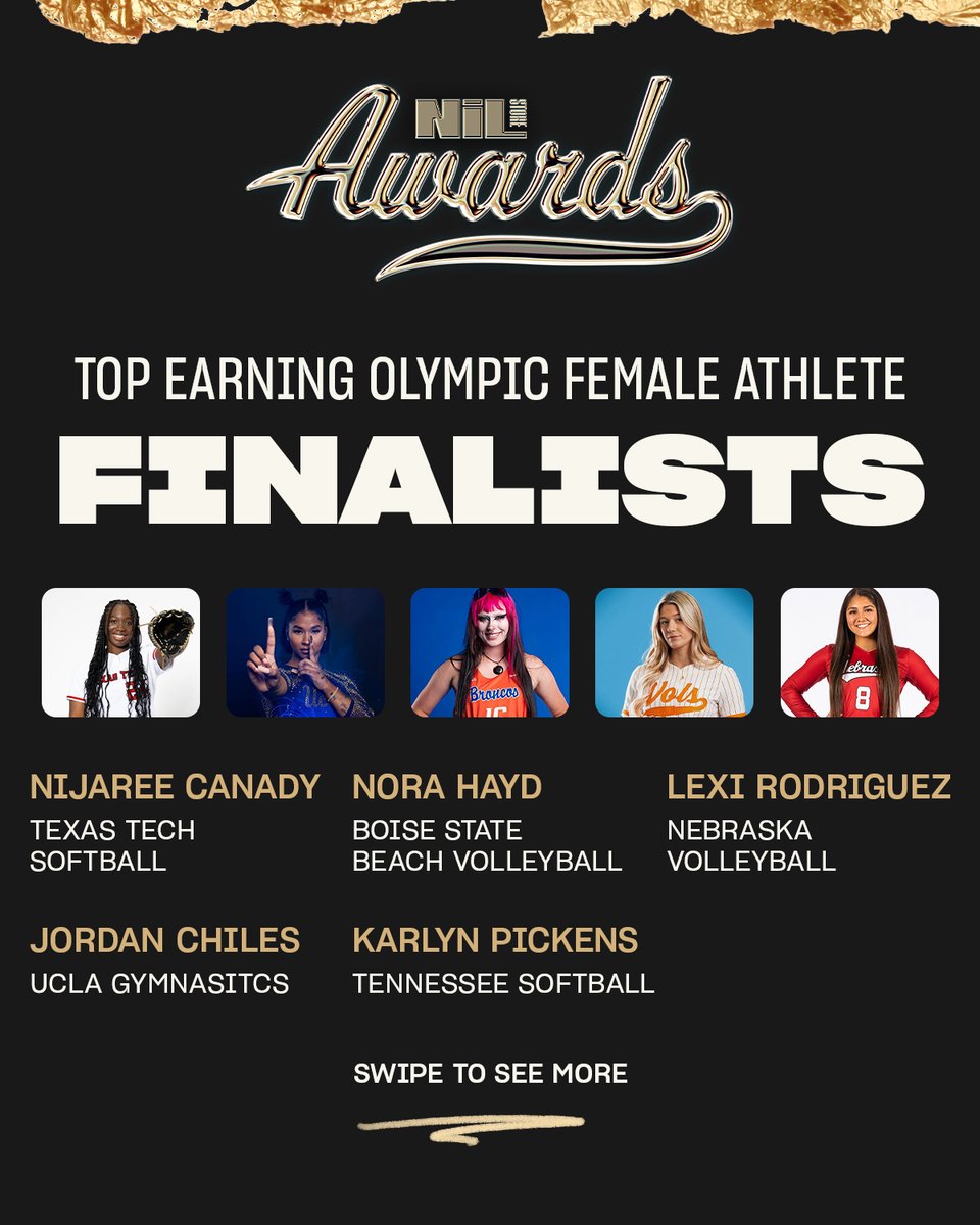 Nominees for Highest Earning Olympic Female Athlete!     

<a href="/CanadyNijaree/">NiJaree Canady</a> | <a href="/texastechnil/">Texas Tech NIL Store</a> 
<a href="/ChilesJordan/">Jordan Chiles</a> | <a href="/UCLANILStore/">The NIL Store for UCLA Athletes</a> 
Nora Hayd | <a href="/BoiseStateNIL/">NIL Store - Boise State</a> 
<a href="/PickensKarlyn/">Karlyn Pickens</a> | <a href="/volsnilstore/">NIL Store for Tennessee Volunteer Athletes</a> 
<a href="/Alexis14Rod/">Lexi Rodriguez</a> | <a href="/HuskersNILStore/">Nebraska NIL Store</a> 

Vote: nil.store/pages/awards | #NILStoreAwards