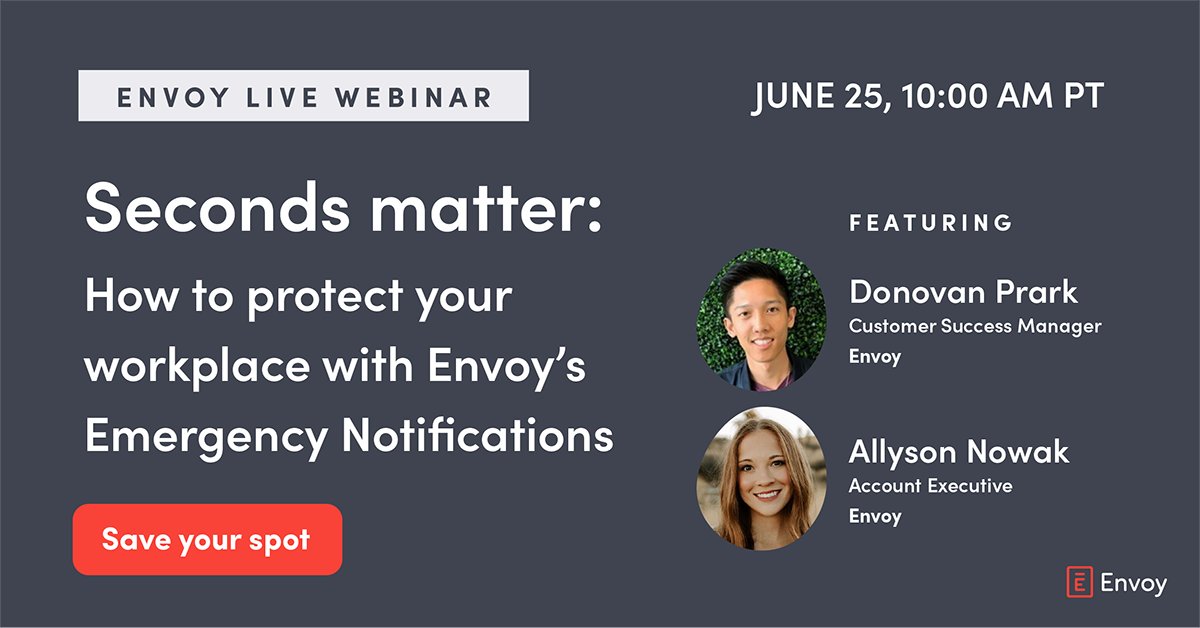 Emergencies in the workplace are unpredictable. Your response doesn’t have to be.

Join us for a demo of Envoy’s Emergency Notifications:
🗓️ Ready-to-send alerts
📲 Reach your team via Slack, SMS, email &amp; more
👀 See who still needs help

Save your spot 👉 envoy.com/webinars/prote…