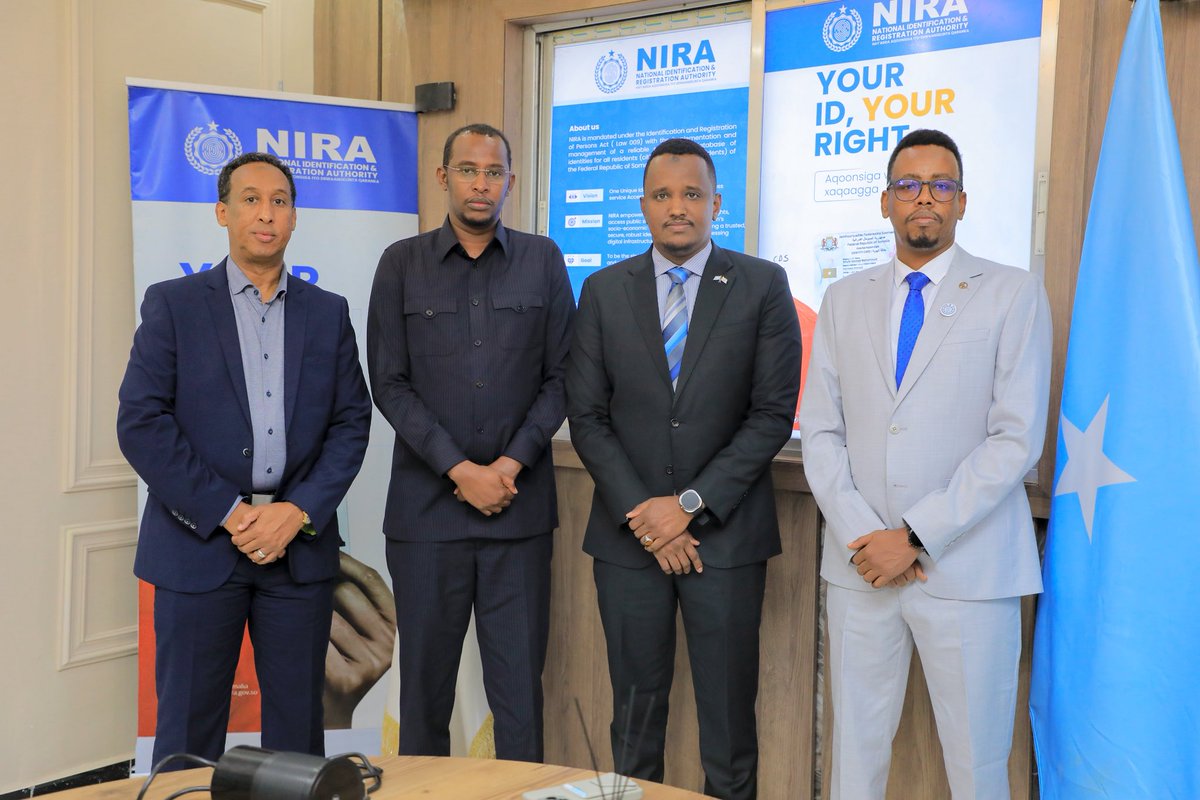 Today, NIRA DG &amp; DDG welcomed Mr. Abdinasir Ibrahim, Secretary-General of the Upper House of the Federal Parliament of Somalia, and Mr. Ibrahim Ahmed, DG of the Ministry of Commerce &amp; Industry. They discussed enhancing collaboration and linking public services to the National ID.