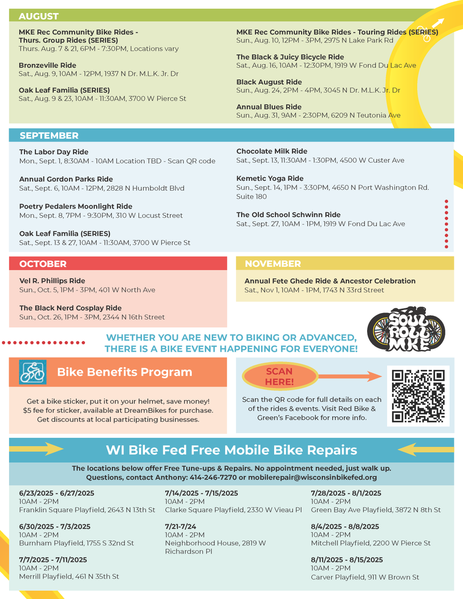 Check out the 2025 Soul Roll MKE Master Calendar! Visit the online version for more information on bike rides, mobile repair stations and other bike-related events happening June through November of this year: sites.google.com/nwscdc.org/202…