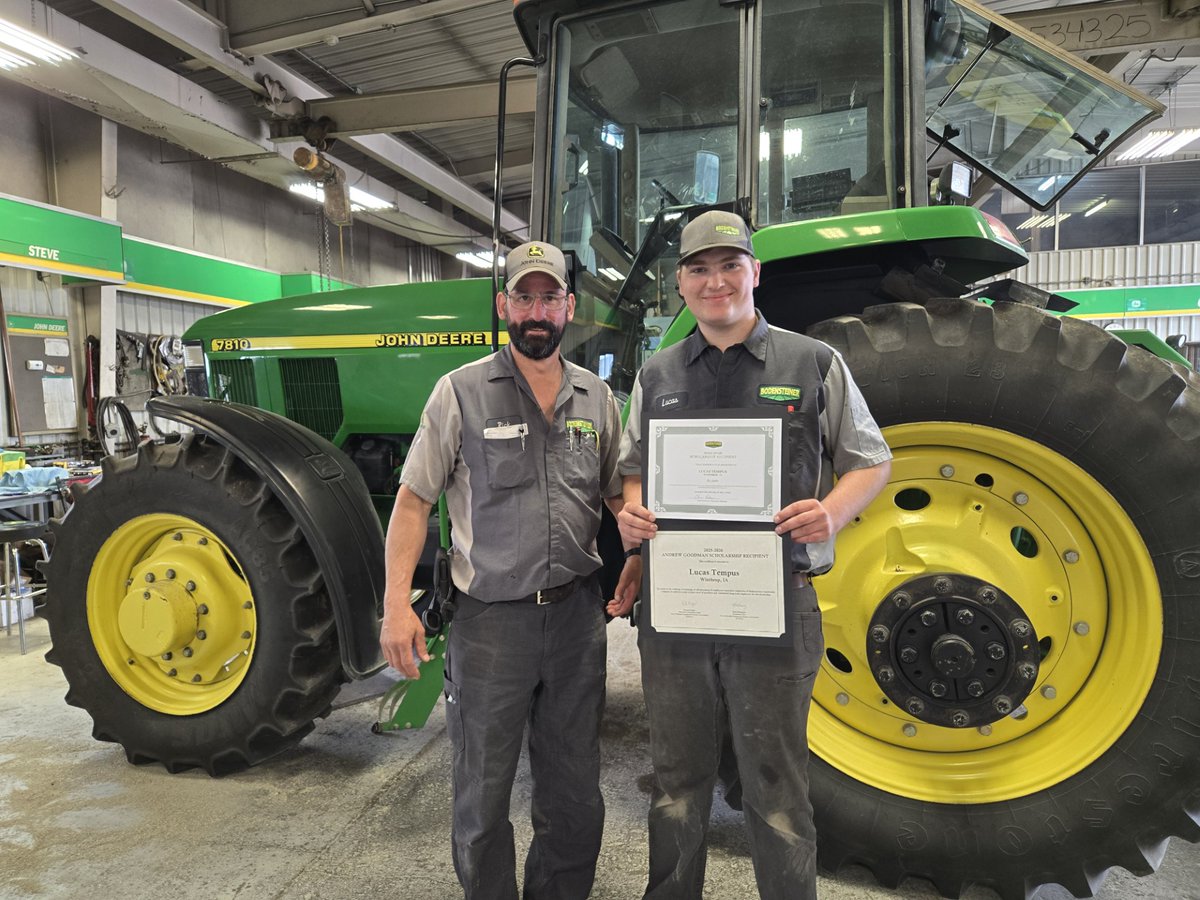 BodensteinerJD's tweet photo. Bodensteiner Implement, in partnership with the Iowa-Nebraska Equipment Dealers Association, is proud to award Luke Tempus a $3,000 scholarship for 2025–26! Luke is in the John Deere Tech Program at NICC and is doing his on-the-job training at our Oelwein location. https://t.co/qMuWkocZB6