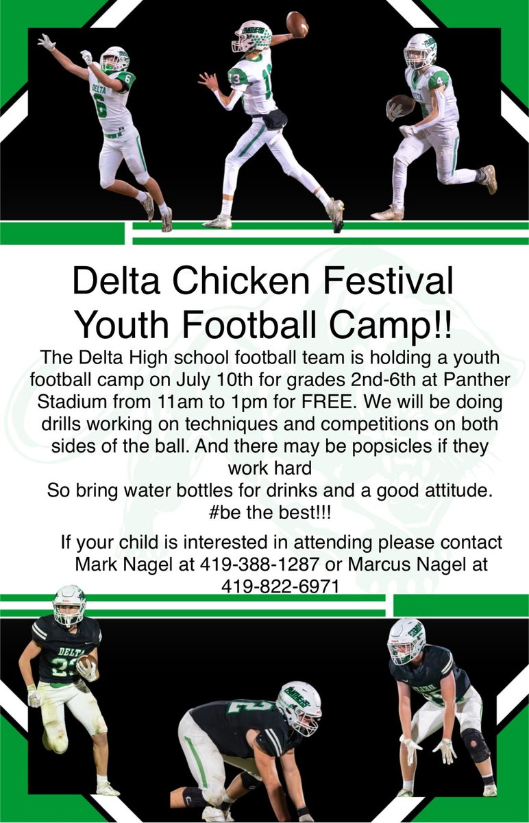 Free football camp coming up during the Delta Chicken Festival. Please see below for details.