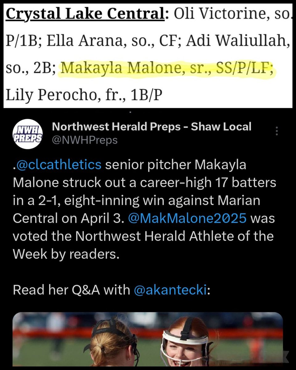 Makayla Malone - RHP/OF - 2025 (@makmalone2025) on Twitter photo Honored to be named All-Fox Valley Conference in such a competitive FVC this year! Grateful for the recognition. Congrats to my teammates and all the other athletes selected! <a href="/ellaarana32/">Ella Arana</a> <a href="/oli_victorine/">Oli Victorine 2027🎓</a>
<a href="/AdiWaliullah/">Adi Waliullah</a> <a href="/LilyPerocho2028/">Lily Perocho 2028 🎓🐅</a>
x.com/nwherald/statu… Honored to be named All-Fox Valley Conference in such a competitive FVC this year! Grateful for the recognition. Congrats to my teammates and all the other athletes selected! <a href="/ellaarana32/">Ella Arana</a> <a href="/oli_victorine/">Oli Victorine 2027🎓</a>
<a href="/AdiWaliullah/">Adi Waliullah</a> <a href="/LilyPerocho2028/">Lily Perocho 2028 🎓🐅</a>
x.com/nwherald/statu…