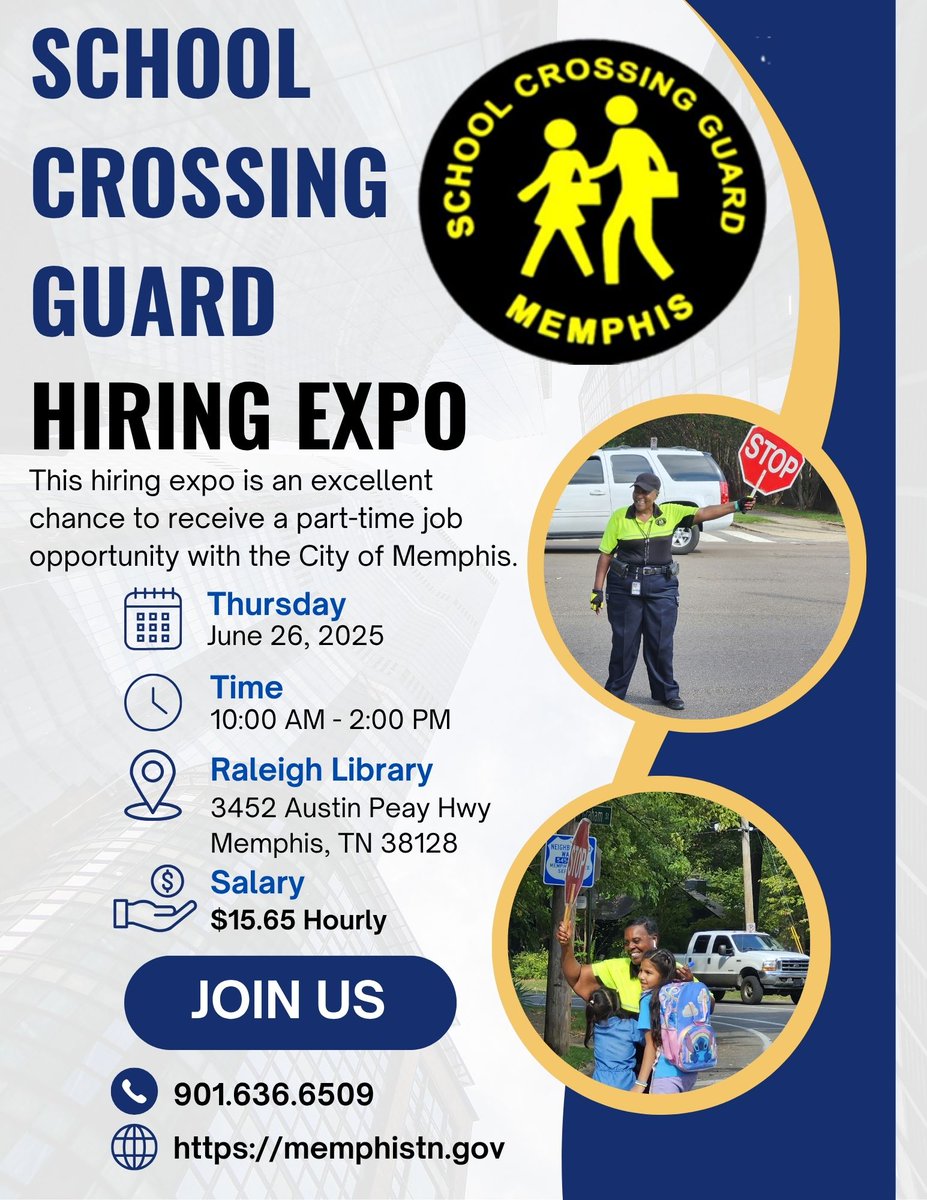 MEM_PoliceDept's tweet image. 🚸 NOW HIRING: Become a Hometown Hero! 🚸 

Join us at the School Crossing Guard Hiring Expo 

📅 Thursday, June 26, 2025
🕙 10:00 AM – 2:00 PM
📍 Raleigh Library, 3452 Austin Peay Hwy, Memphis, TN 38128

#CrossingGuard #HiringEvent #CommunityHeroes #MemphisTN #ServeAndProtect