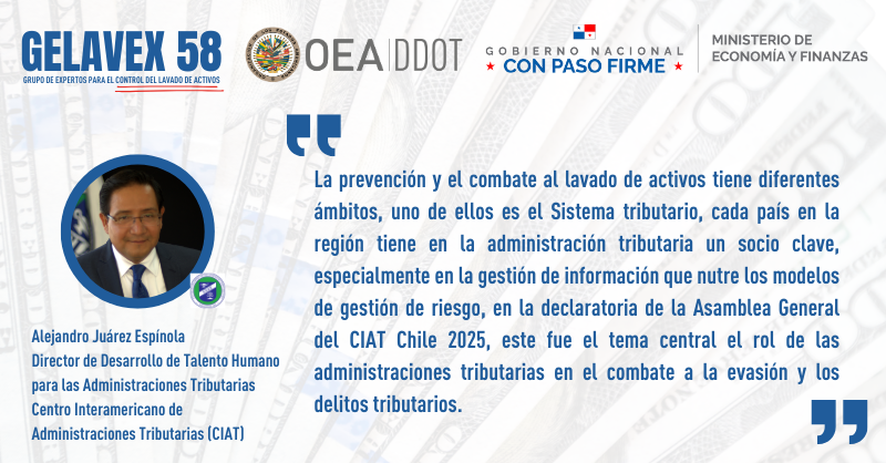 OEA_DDOT's tweet photo. Durante la segunda jornada de #GELAVEX58, Alejandro Juárez @ajuarezak, Director de Desarrollo del Talento Humano en las Administraciones Tributarias del @CIATorg, destacó el papel estratégico de la capacitación continua en las unidades operativas e investigativas que enfrentan delitos financieros complejos.
