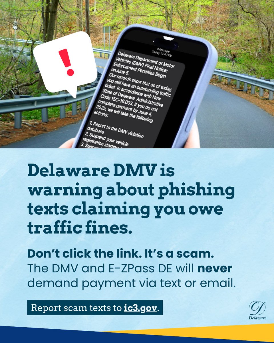 🚨 SCAM ALERT 🚨
⁠
<a href="/DelawareDMV/">DelawareDMV</a> is warning residents about a new phishing scam via text message claiming you owe traffic fines and must pay immediately to avoid license or registration suspension.⁠
DO NOT click on any links. These texts are fake and designed to steal your