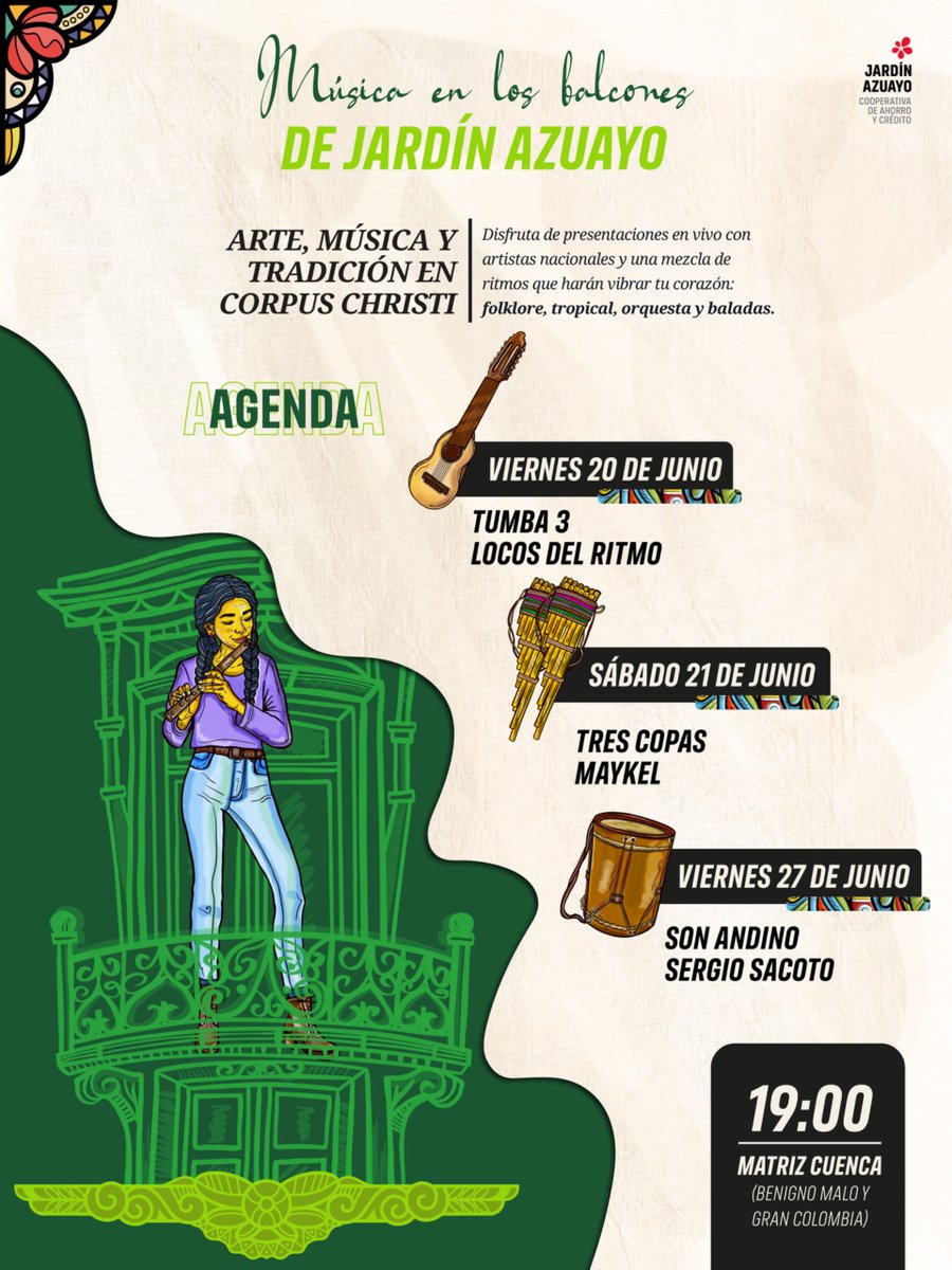 🎼🎷Los Balcones de Jardín Azuayo se llenan de música y cultura.
¡Ven a vivir la magia del Corpus Christi con nosotros! ✨
Aquí te compartimos nuestra agenda de presentaciones de artistas locales y nacionales. 👇