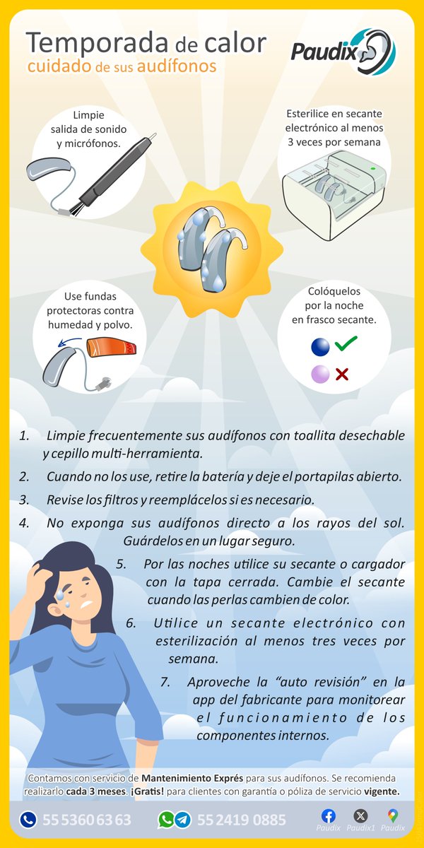 Paudix1's tweet photo. 4 consejos para temporada de calor o humedad:

1. Limpie frecuentemente sus audífonos.
2. Revise que el secante no esté saturado.
3. Use Fundas protectoras (muy recomendable).
4. Realice Mantenimiento Exprés (1 día).

Visítenos ¡Estamos para ayudarle!
L-V 9:00 a.m. – 6:00 p.m. https://t.co/mC3g6ktq63