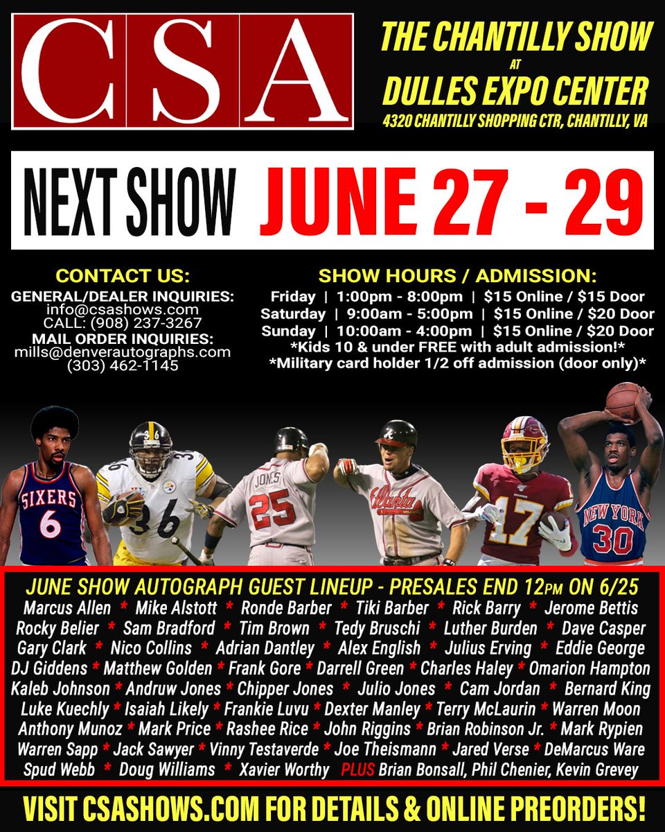 ⚡LAST WEEK OF PRESALES! ⚡ Julius Erving, Chipper Jones, Andruw Jones, Terry McLaurin, Darrell Green, Jerome Bettis, Julio Jones &amp; Many More! ADMISSION, GUEST TICKETS &amp; VIP PACKAGES AVAILABLE NOW!

TICKET PRESALES END AT 12:00 NOON ON WEDNESDAY, JUNE 25th!