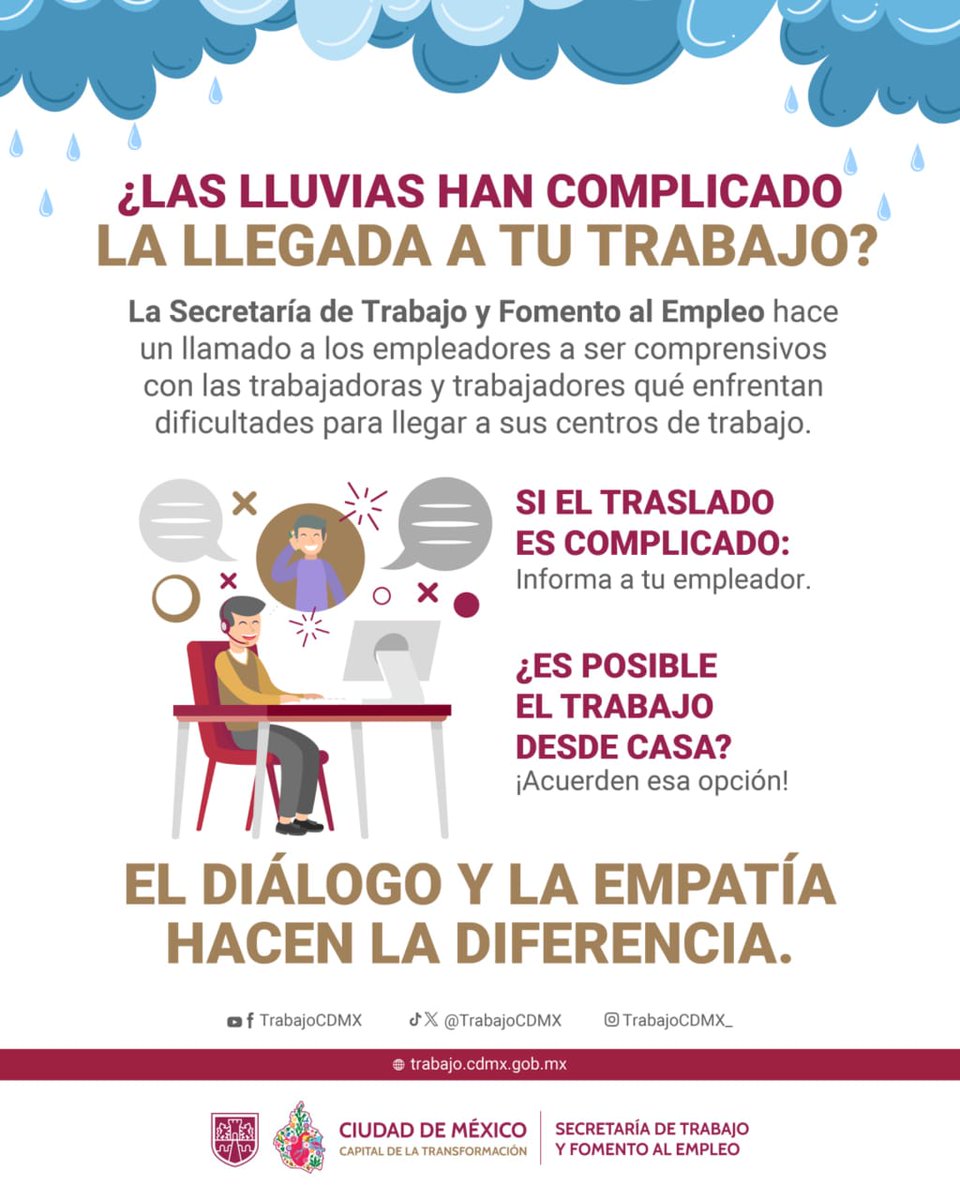 Hacen un llamado a las y los empleadores de la #CDMX a que sean comprensivos ante las complicaciones de traslado a los centros de trabajo a causa de las lluvias.

Sintoniza <a href="/iHeartRadioMx/">iHeartRadioMx</a> ihr.fm/487SyKD

LB