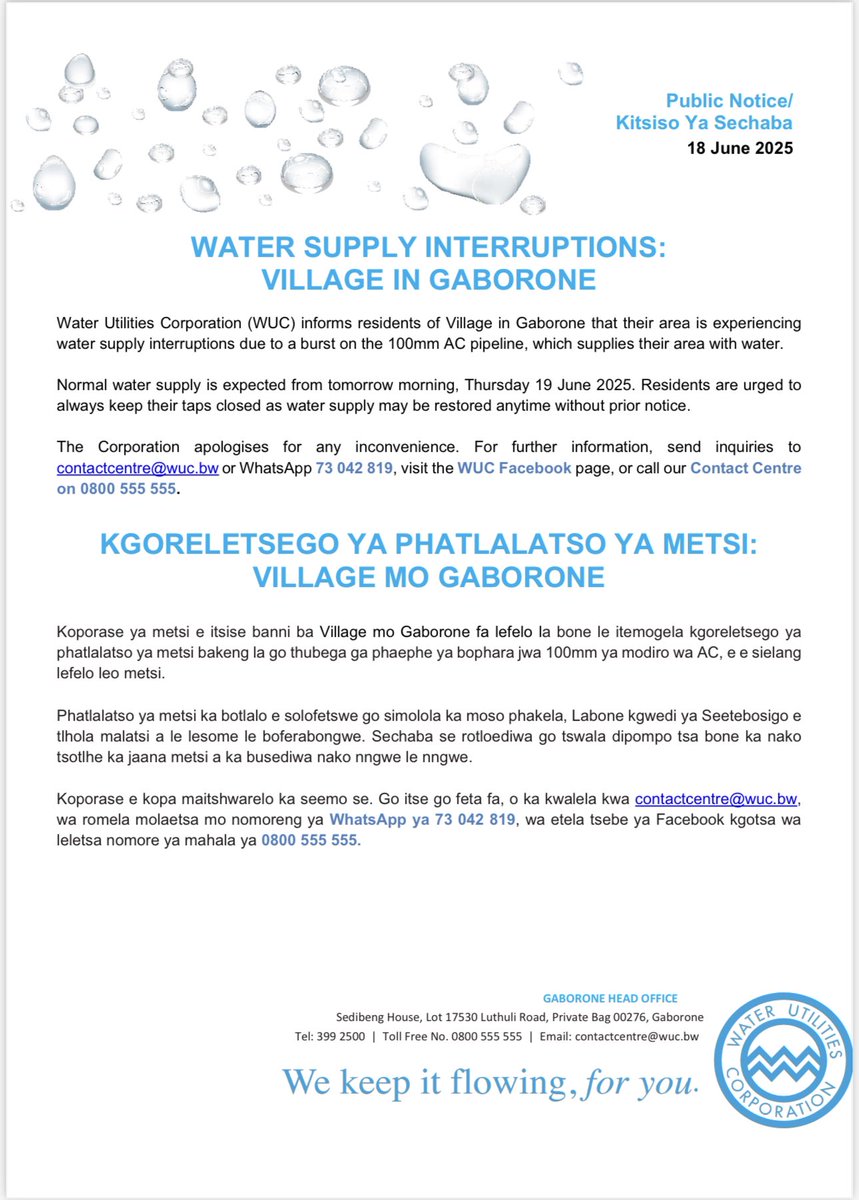 Public Notice/Kitsiso Ya Sechaba 
Water Supply Interruptions/Kgoreletsego ya Phatlalatso ya metsi 

Village in Gaborone