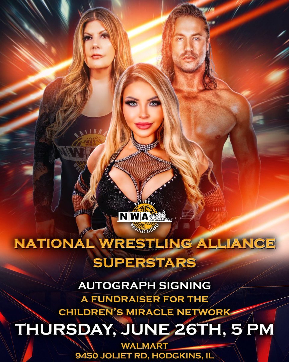 They’re back!!! Stop by next Thursday June 26th at your local Hodgkins <a href="/Walmart/">Walmart</a> to meet, hangout, take some pics and get some autographs from the <a href="/nwa/">NWA</a> Wrestlers <a href="/RealNMarkova/">Natalia Markova</a> <a href="/thebryanidol/">Bryan Idol</a> &amp; <a href="/sstaria/">sstaria</a> . The event starts at 5:00pm. With a $5 donation per person all benefits go to