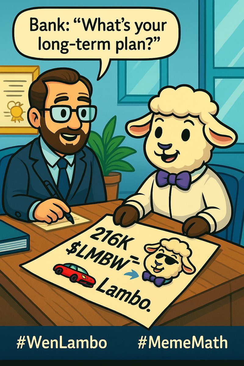 Lambow_LuMeme's tweet photo. Bank: “What’s your long-term plan?” 
Me: “216K $LMBW = Lambo.” 🐑🚗💨
 #WenLambo #MemeMath https://t.co/L8tqxSoVwA