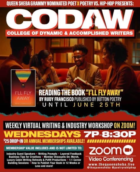 poetryvshiphop's tweet image. Writers + poets! 📝🔥
Join CODAW’s Weekly Virtual Writing Workshop
📖 “I’ll Fly Away” by Rudy Francisco
🗓️ Wednesdays till June 25
🕖 7–8:30PM EST on Zoom
🎟️ $25 drop-in or join yearly!
🔗 CODAW2025.eventbrite.com
#CODAW #PoetryWorkshop #WritersRoom