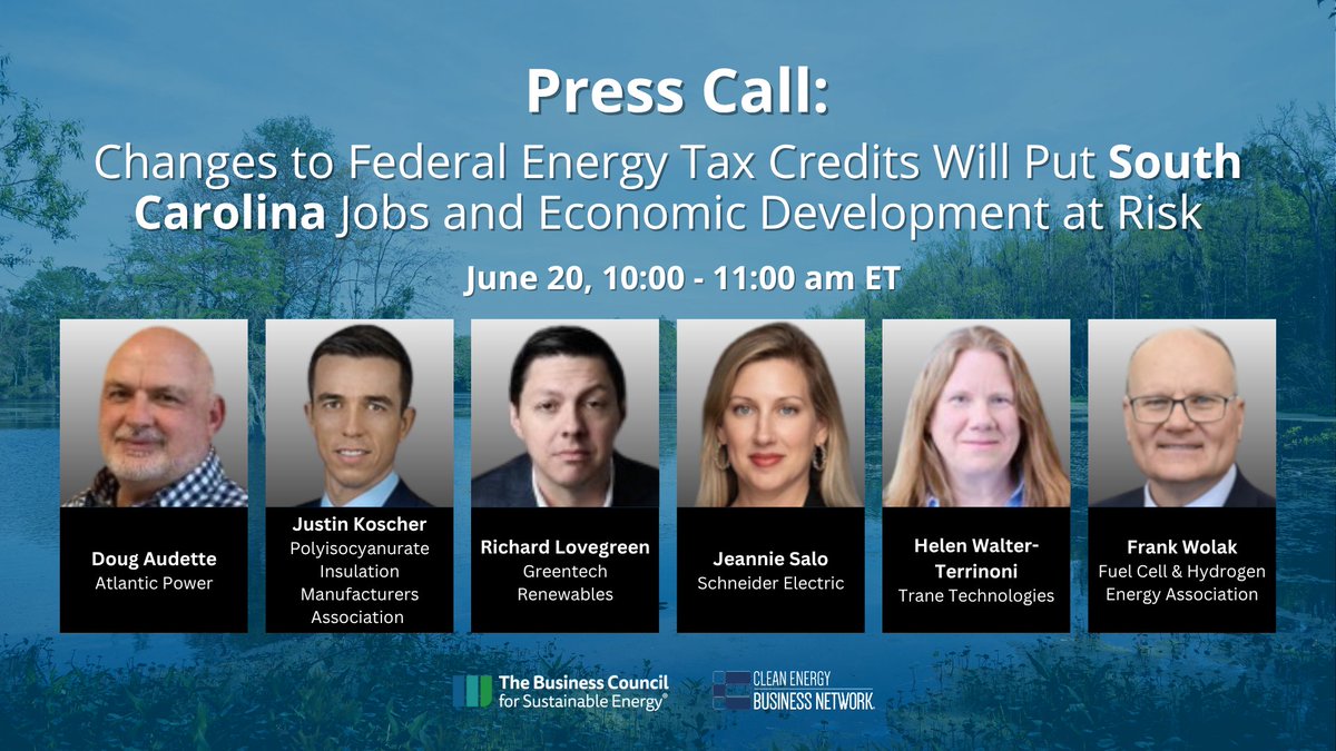 BCSE Clean Energy (@bcsecleanenergy) on Twitter photo Up next in our state advocacy series: Join BCSE and <a href="/CleanEnergyBiz/">Clean Energy Business Network</a> for a press call on 6/20 as Congress considers tax proposals that would impact jobs and economic growth in SC by drastically limiting the timeline of key energy tax credits.
Register: us02web.zoom.us/meeting/regist… Up next in our state advocacy series: Join BCSE and <a href="/CleanEnergyBiz/">Clean Energy Business Network</a> for a press call on 6/20 as Congress considers tax proposals that would impact jobs and economic growth in SC by drastically limiting the timeline of key energy tax credits.
Register: us02web.zoom.us/meeting/regist…