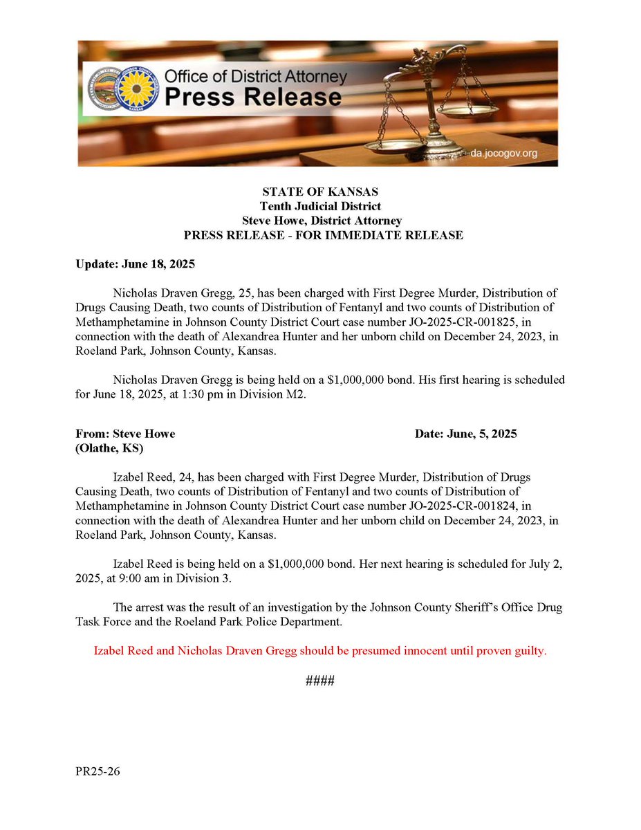 JO-2025-CR-001825 State v. Gregg; Additional defendant charged in Distribution Causing Death case.