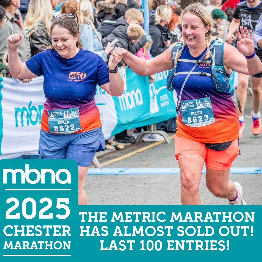 The 2025 MBNA Chester Metric Marathon has almost sold out already! 

We are down to our last 100 entries! 
If you’d like to be at the start line for metric marathon distance on Sunday 5th October, please enter now! 

activeleisureevents.co.uk/metric-marathon

If you’ve completed the 2025 MBNA