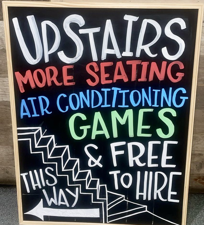 Now seems a good time to remind you that we have delicious, goosebumptious air-con upstairs and down, if you don’t want to broil in the A20 Lounge.