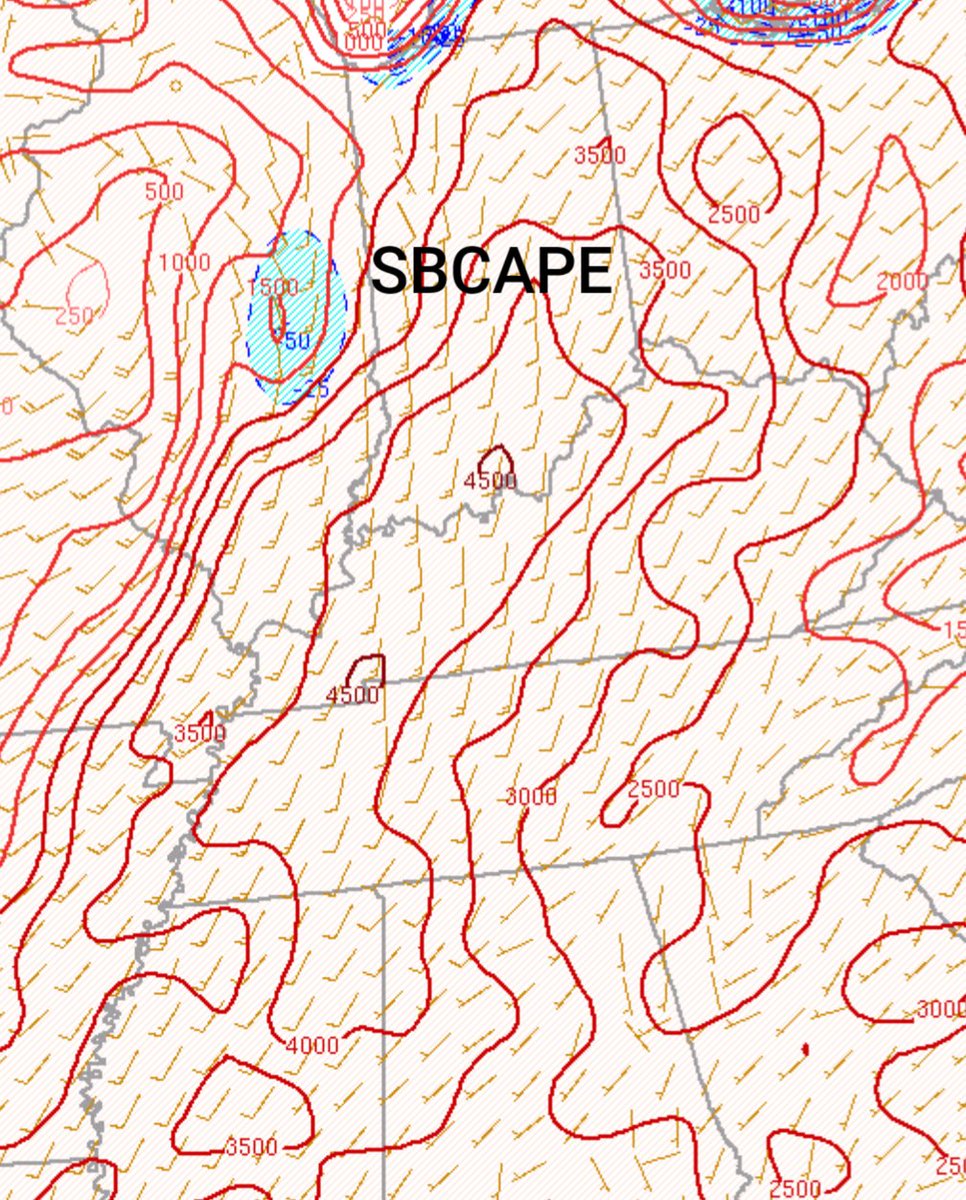 tystorm101's tweet photo. Alot of Storm Fuel out there. Up to 4500J/Kg of SBCAPE and 2500-3000J/Kg of MLCAPE with plenty of clearing. A little higher than what some models anticipated. For that reason, the Enhanced Risk got expanded again to now include areas along the Highway 68 Corridor. #kywx https://t.co/1FWAeo0zhx