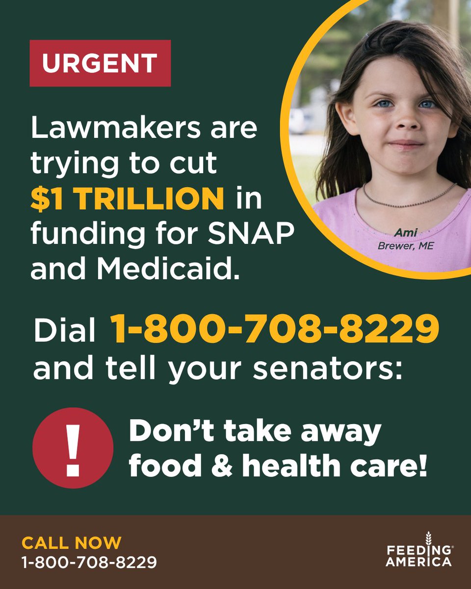 We're taking action to help prevent $1 TRILLION in devastating cuts to SNAP and Medicaid, and your voice matters!

📞 Call your senators at 1-800-708-8229 and tell them: Don't take away food and health care. Vote NO on cuts to SNAP and Medicaid!