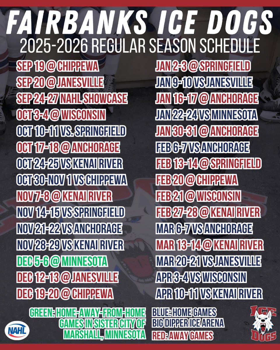 The Fairbanks Ice Dogs 2025-2026 Season Schedule! Get ready, hockey season will be here again before you know it. 

We’ll see you at the Big Dipper Ice Arena October 10th for our HOME OPENER!

#IceDogsHockey #GoDogs #FairbanksIceDogs #GoIceDogs #NAHL #GameDay #Hockey #SCHEDULE