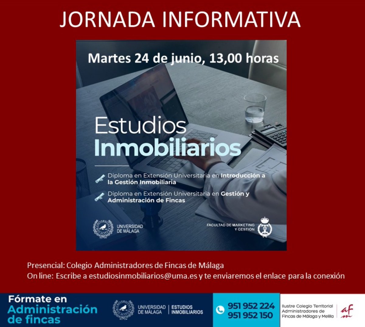 CAF Málaga (@cafmalagaes) on Twitter photo 📢 Sesión Informativa - Título Propio de Estudios Inmobiliarios (UMA)
¿Te interesa desarrollar tu carrera como Administrador/a de Fincas?
El próximo 24 de junio a las 13:00 h, <a href="/InfoUMA/">Universidad de Málaga</a> y <a href="/CAFMalagaES/">CAF Málaga</a> celebran una sesión informativa (presencial y online) sobre el Diploma de 📢 Sesión Informativa - Título Propio de Estudios Inmobiliarios (UMA)
¿Te interesa desarrollar tu carrera como Administrador/a de Fincas?
El próximo 24 de junio a las 13:00 h, <a href="/InfoUMA/">Universidad de Málaga</a> y <a href="/CAFMalagaES/">CAF Málaga</a> celebran una sesión informativa (presencial y online) sobre el Diploma de