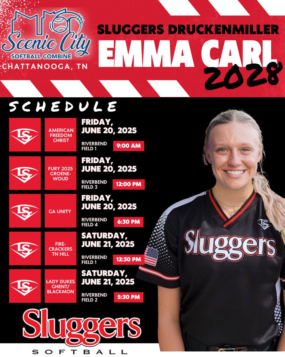 Emma Carl (@emmacarl004) on Twitter photo Pumped to hit the field this weekend with Sluggers Druckenmiller <a href="/Sluggers16CMAR/">Sluggers 18U Druckenmiller</a> at the Scenic City Showcase in Chattanooga, TN! Come check us out! #ScenicCity
<a href="/BurnsGators/">Indiana Gators Burns '08</a>
<a href="/ETSUSoftball/">ETSU Softball</a> <a href="/EKU_Softball/">EKU Softball</a> <a href="/NKUNorseSB/">NKU Softball 🥎</a> <a href="/TroyTrojansSB/">Troy Softball</a> <a href="/UTMSoftball/">UT Martin Softball</a> <a href="/Vol_Softball/">Tennessee Softball</a> <a href="/UAB_SB/">UAB Softball</a> Pumped to hit the field this weekend with Sluggers Druckenmiller <a href="/Sluggers16CMAR/">Sluggers 18U Druckenmiller</a> at the Scenic City Showcase in Chattanooga, TN! Come check us out! #ScenicCity
<a href="/BurnsGators/">Indiana Gators Burns '08</a>
<a href="/ETSUSoftball/">ETSU Softball</a> <a href="/EKU_Softball/">EKU Softball</a> <a href="/NKUNorseSB/">NKU Softball 🥎</a> <a href="/TroyTrojansSB/">Troy Softball</a> <a href="/UTMSoftball/">UT Martin Softball</a> <a href="/Vol_Softball/">Tennessee Softball</a> <a href="/UAB_SB/">UAB Softball</a>