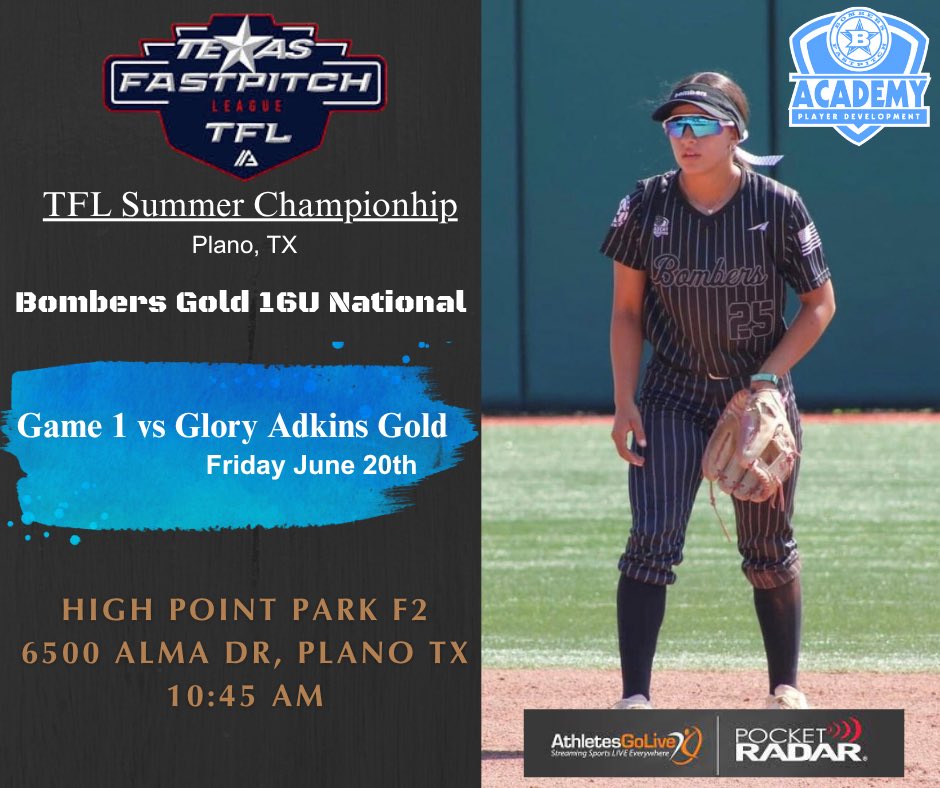 The 2025 TFL Summer Championship starts Friday in Plano, TX!  

We jump right into bracket play, Game 1 vs Glory Adkins Gold 16U will be at 10:45am on Friday morning at High Point Park.  

The next game and weekend schedule is all predicated on results from the previous games.