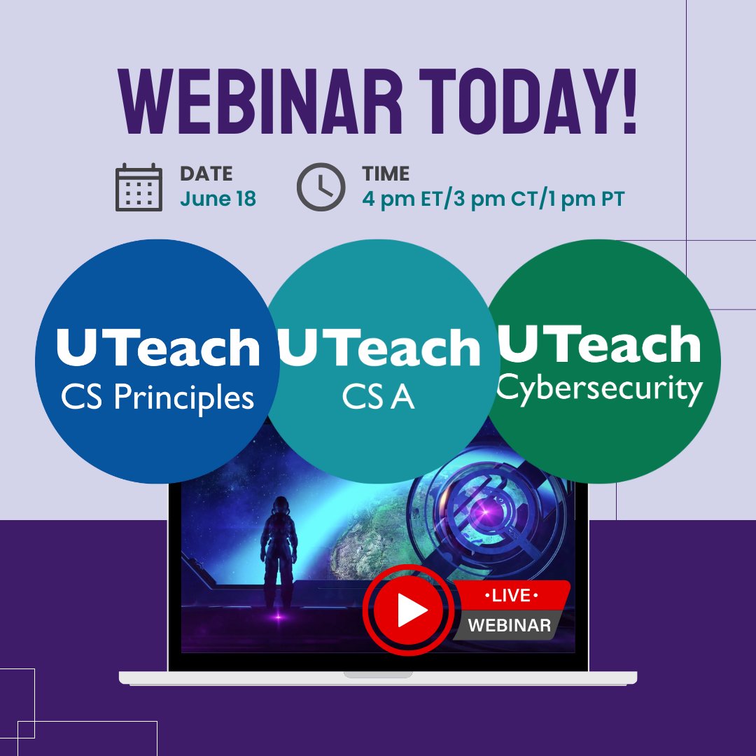 UTeachCS's tweet image. ⏰ Join us today (4pm ET / 3pm CT / 1 pm PT) to explore engaging, hands-on lesson plans for #APCSP, #APCSA, &amp;amp; #Cybersecurity! Discover fun interplanetary missions, fictional cyber attacks, open-ended projects, &amp;amp; comprehensive teacher support

Register now: bit.ly/cs-june25