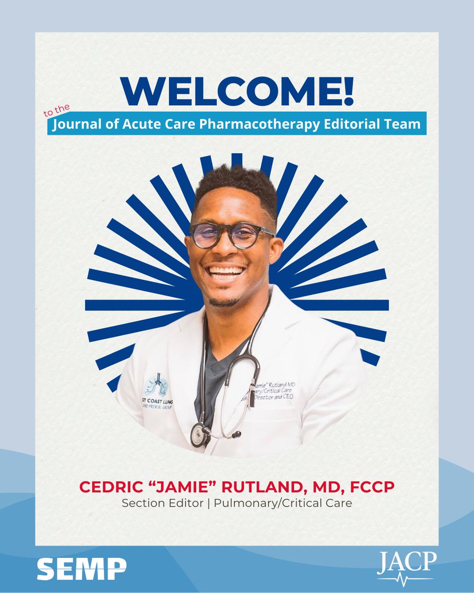 Big news! We're excited to welcome pulmonary &amp; critical care expert Dr. Cedric "Jamie" Rutland @DrJamieRutland to the JACP as our new Section Editor for Pulmonary/Critical Care.

His expertise will be invaluable to the journal. Welcome, Dr. Rutland!

#JACP #SEMP #CritCare