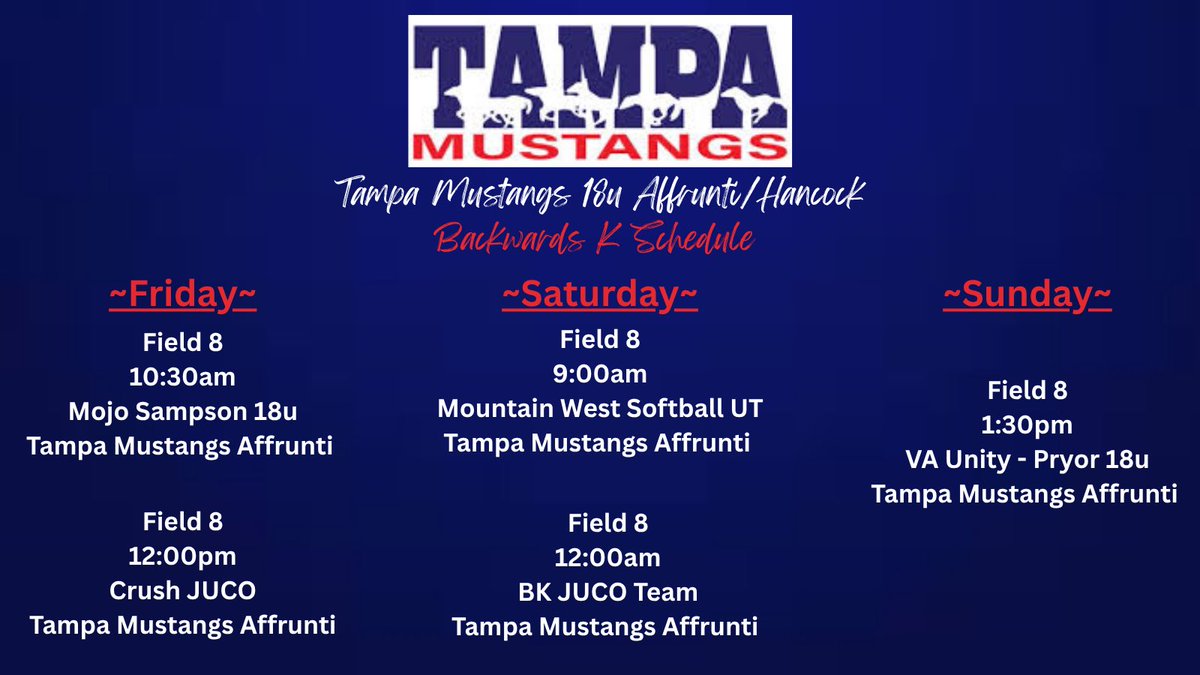 Karsyn Walters-Uncommitted-2027 (@karsyn_walters) on Twitter photo BACKWARDS ꓘ SCHEDULE‼️
<a href="/Tampa_mustangs/">Tampa Mustangs_Affrunti/Hancock</a> BACKWARDS ꓘ SCHEDULE‼️
<a href="/Tampa_mustangs/">Tampa Mustangs_Affrunti/Hancock</a>