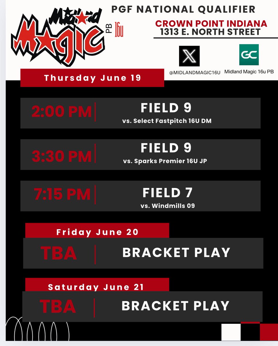 Updated schedule for this weekend in Crown Point,IN.