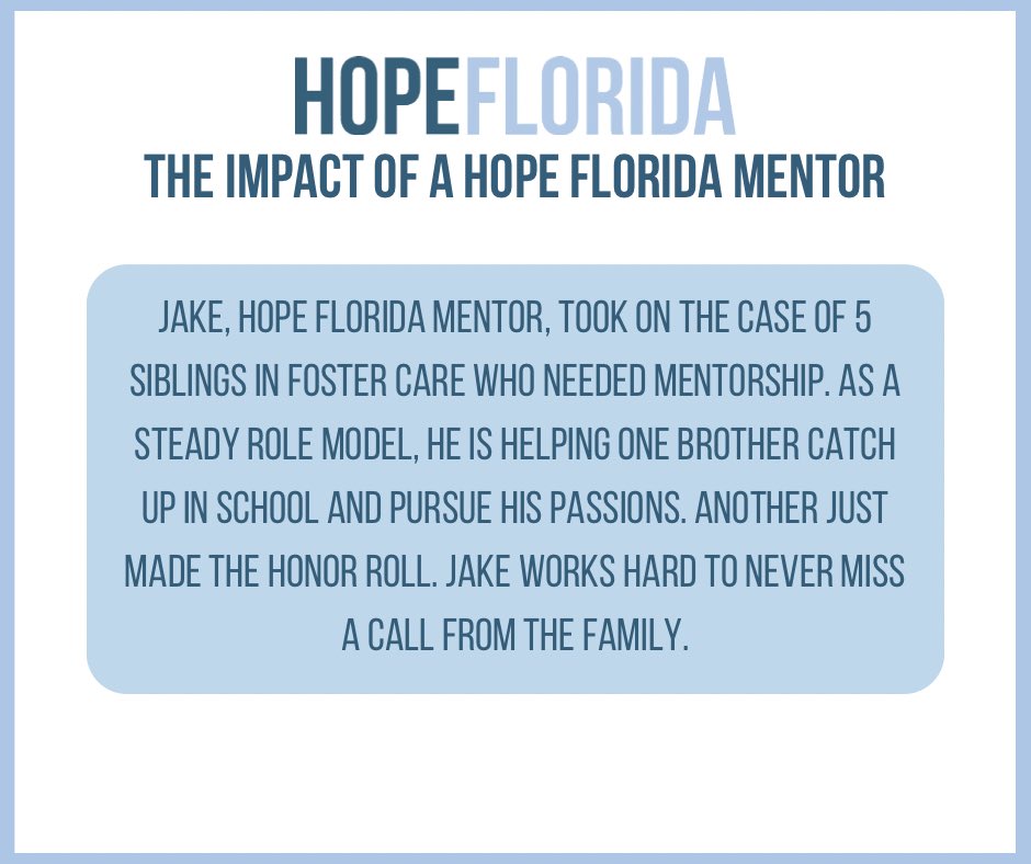 HopeFlorida's tweet image. Jake, Hope Florida mentor, took on the case of 5 siblings in foster care who needed mentorship. As a steady role model, he is helping one brother catch up in school and pursue his passions. Another just made the honor roll. Jake works hard to never miss a call from the family.