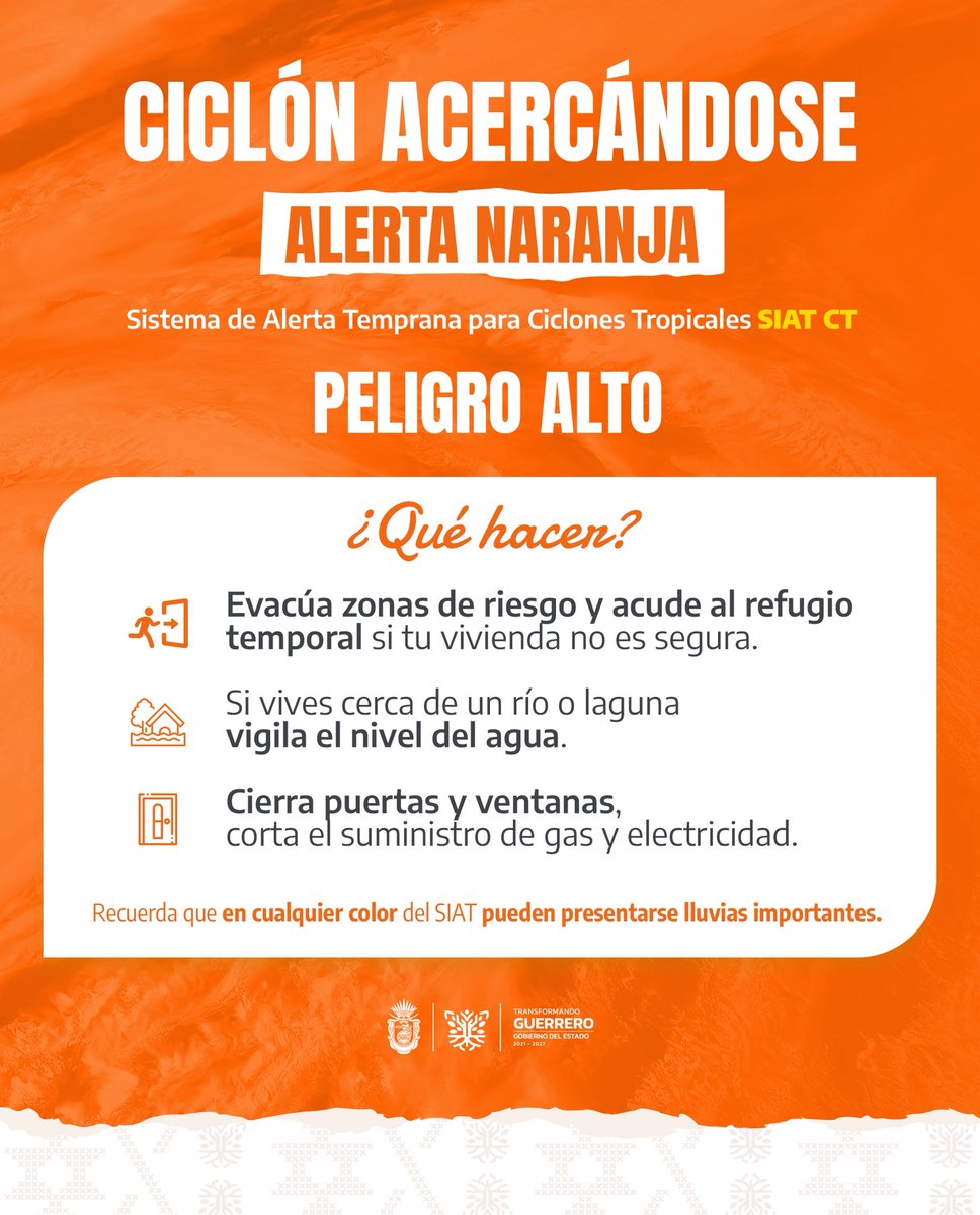 Evelyn Salgado Pineda (@evelynsalgadop) on Twitter photo 🟠 ¡ALERTA NARANJA! 🟠
El huracán #Erick ya es categoría 2 🌀 y de acuerdo con la <a href="/CNPC_MX/">Coordinación Nacional de Protección Civil</a>, se intensificará a categoría 3 desde las primeras horas de este jueves.
Por ello, se ha activado la Alerta Naranja del #SIATCT en nuestro estado, lo que significa PELIGRO ALTO. 🚦
⚠️ 🟠 ¡ALERTA NARANJA! 🟠
El huracán #Erick ya es categoría 2 🌀 y de acuerdo con la <a href="/CNPC_MX/">Coordinación Nacional de Protección Civil</a>, se intensificará a categoría 3 desde las primeras horas de este jueves.
Por ello, se ha activado la Alerta Naranja del #SIATCT en nuestro estado, lo que significa PELIGRO ALTO. 🚦
⚠️
