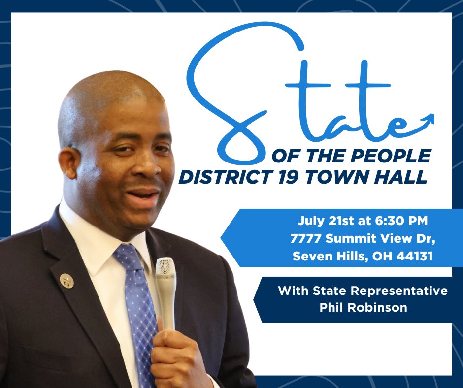 RepPhilRobinson's tweet image. IMPORTANT UPDATE: Change of Date.
📣State of the People Town Hall📣
Another town hall is rolling in, this time in Seven Hills! Stop by to get updates and ask questions about the issues that matter to you.
Monday July 21st - 6:30 PM at the Rec Center
