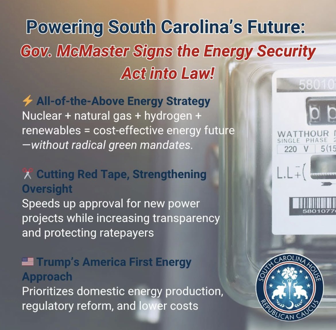 SCHouseGOP's tweet image. 🚨 JUST SIGNED INTO LAW: The South Carolina Energy Security Act! Governor Henry McMaster signed H.3309 into law earlier today—securing South Carolina’s energy future as our state continues to grow.
✅ Expands nuclear, natural gas, hydrogen & renewables
✅ Cuts red tape while…