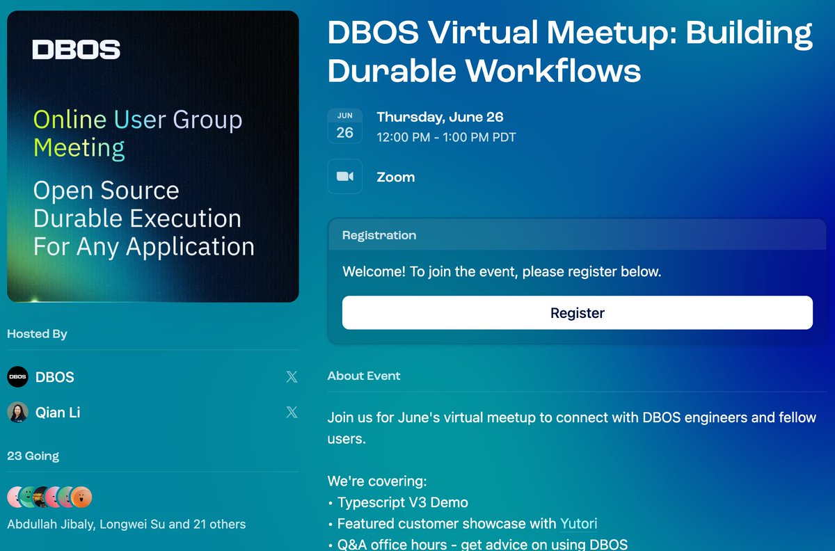 Join us for the June DBOS User Group Meetup next week!

We're excited to welcome the engineering team from <a href="/yutori_ai/">Yutori</a>, one of our customers building powerful AI agents that can autonomously perform digital tasks across the web. They'll share how they're using <a href="/DBOS_Inc/">DBOS</a>  to make