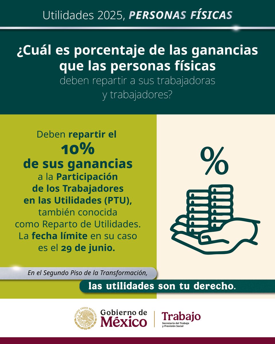 🟢Si trabajas o trabajaste para una persona física y no recibiste tus utilidades el año pasado 🗓️, aún tienes hasta el 29 de junio de 2025 para reclamarlas. 🫵🏾

✅ En el Segundo Piso de la #Transformación, la #STPS vigila el cumplimiento de tus derechos laborales. 🔎⚖️

#PTU2025
